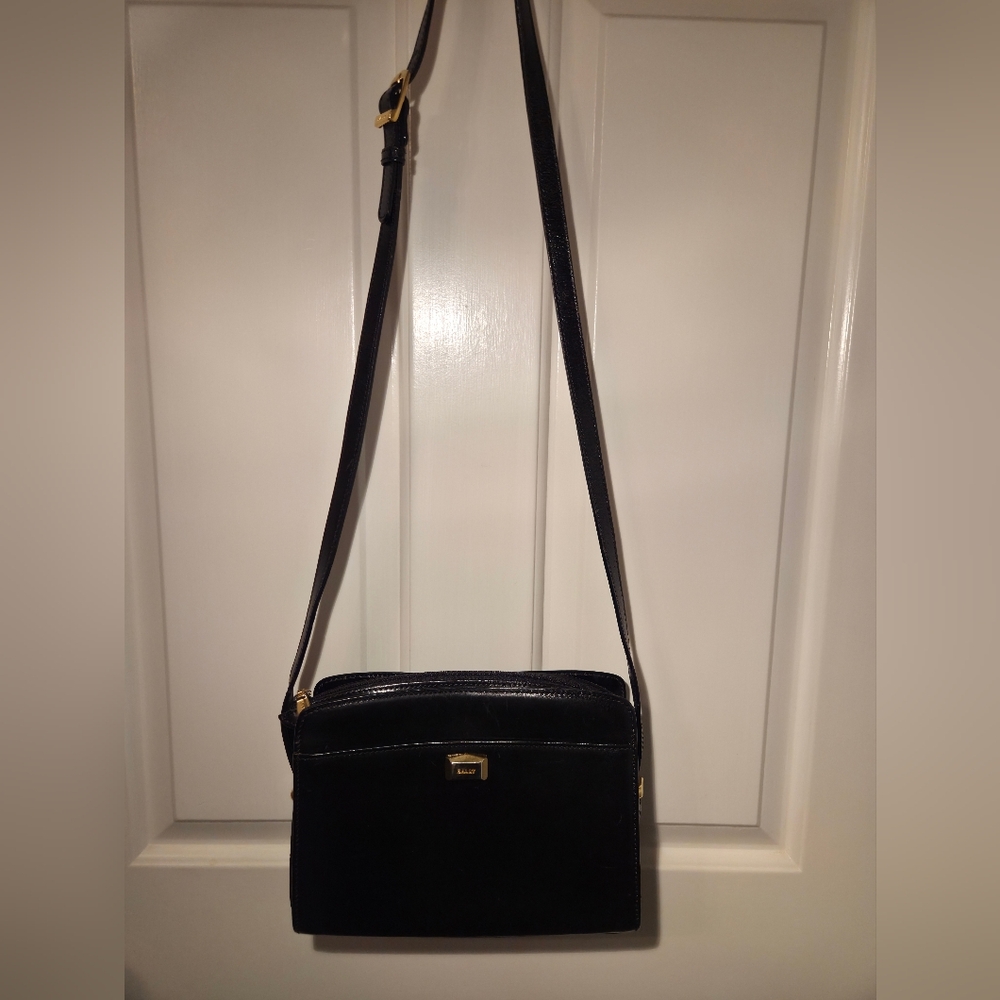 Vintage Bally Black Leather Crossbody Bag Gold Logo Italy